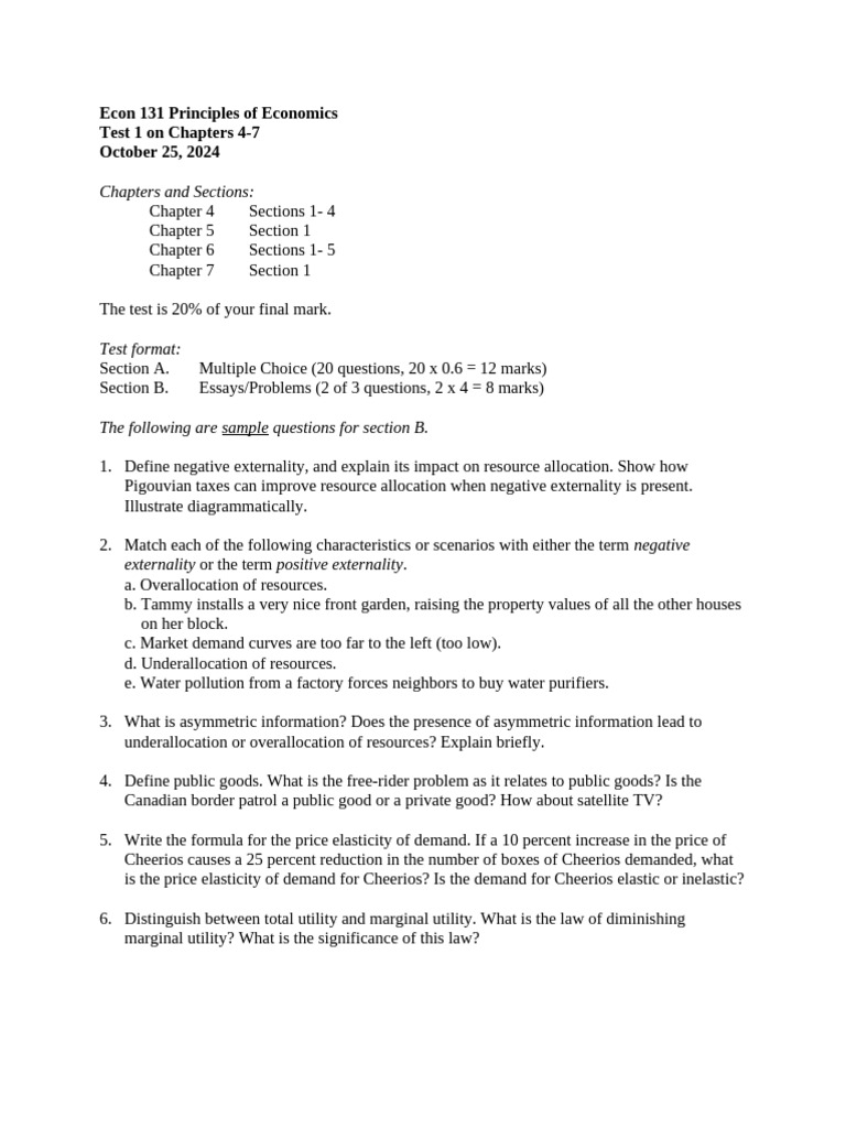 Econ 131 Tast 1 - Sample - Fall 2024 | PDF | Finance & Money Management