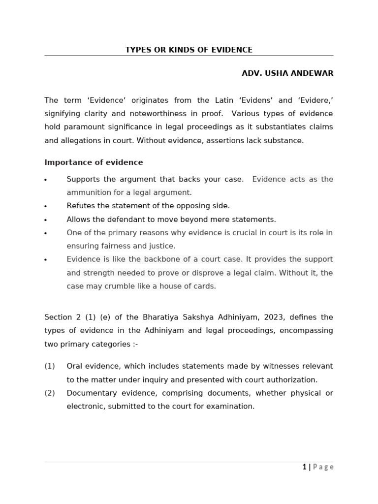 Types of Evidence in BSA 2023 | PDF | Evidence (Law) | Witness