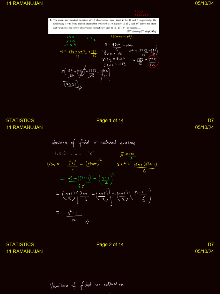 Ramanujan (11 b1) Statistics Day - 07 (05-10-24) by Rohan Sir | PDF