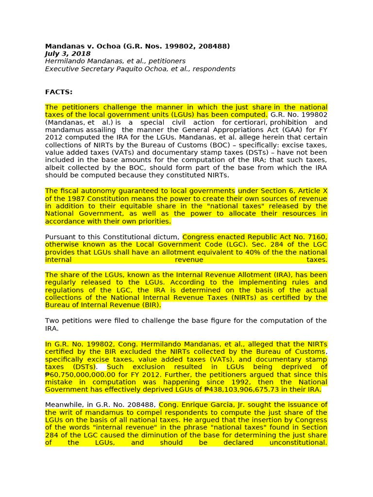 Mandans V Ochoa Digest Pdf Taxes Justice