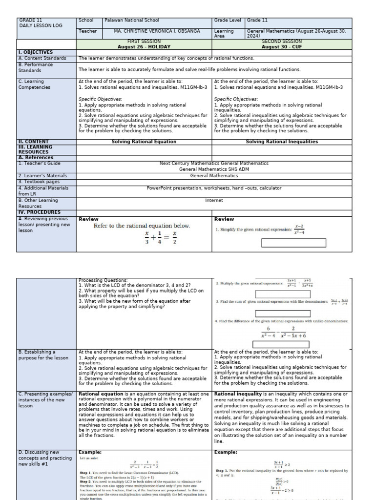 Grade 11 Rational Functions Lesson Plan | PDF | Equations | Rational Number