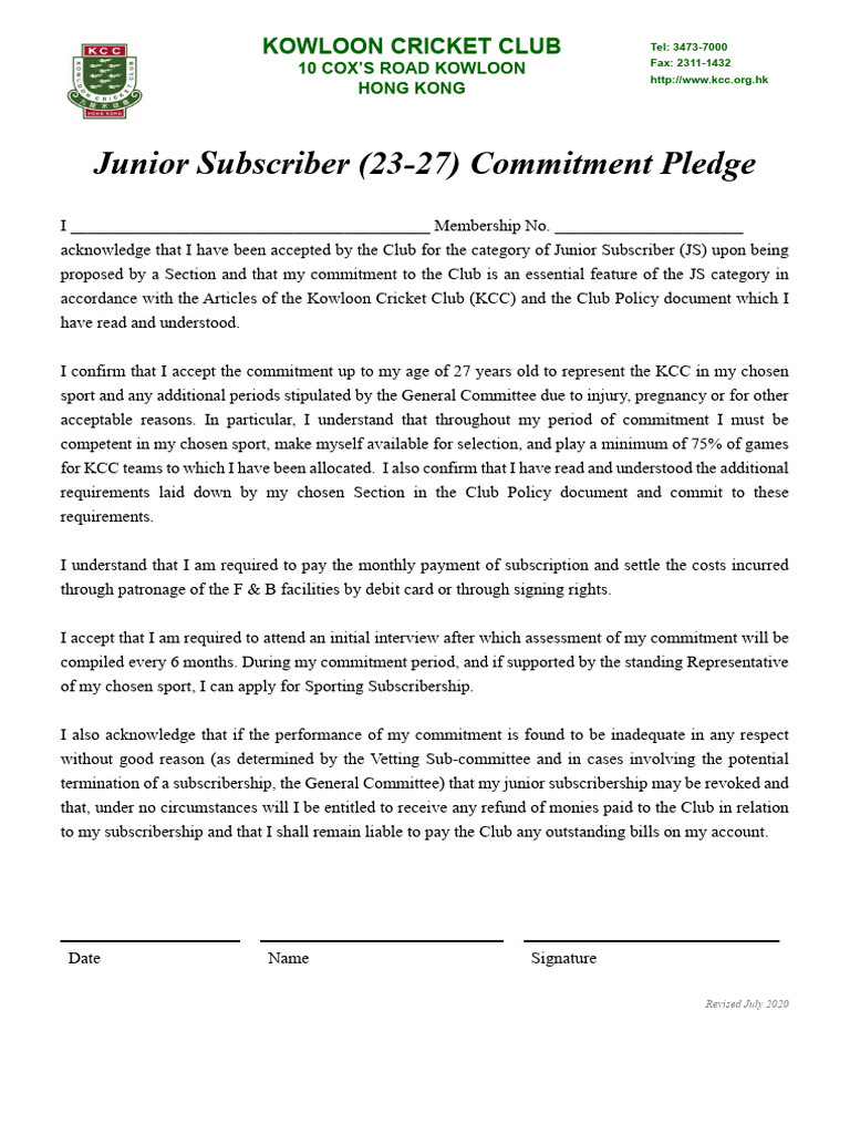 Kowloon Cricket Club Junior Subscriber Pledge | PDF