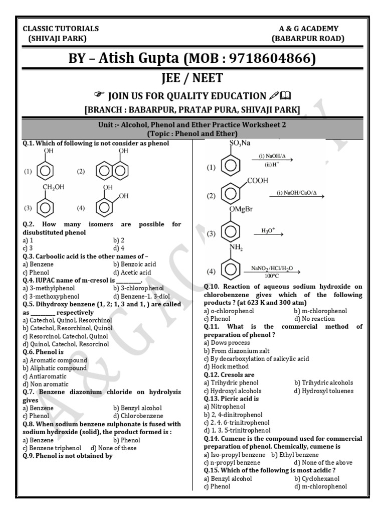 Phenol and Ether Practice Worksheet | PDF | Ether | Benzene