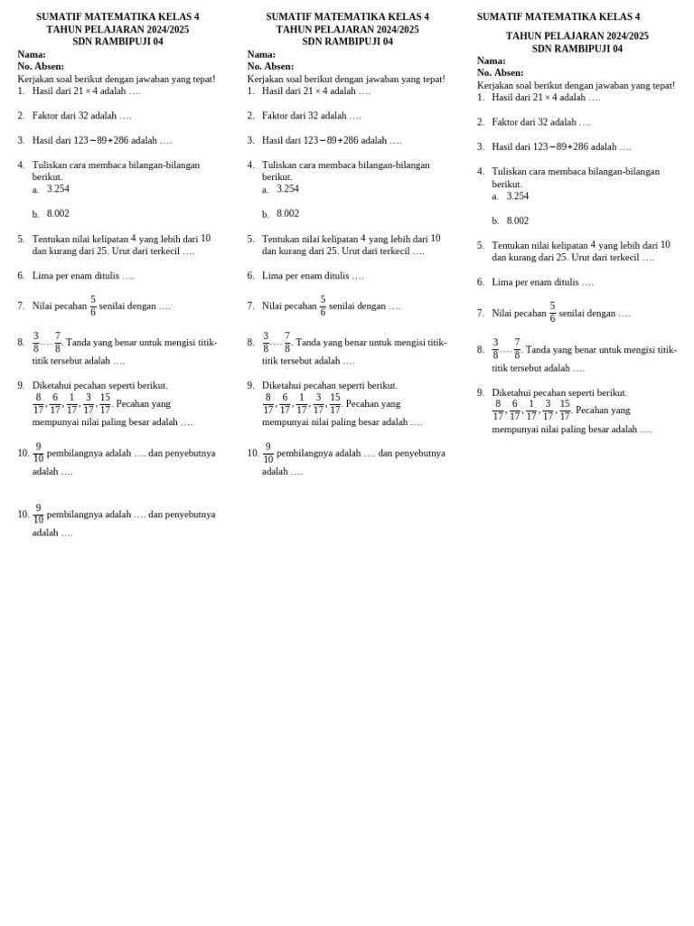 Sumatif Matematika Kelas 4 | PDF