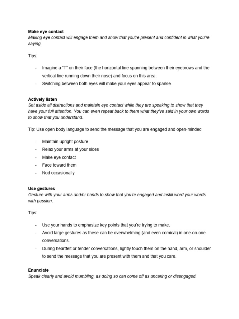 Effective Communication Tips for Engagement | PDF | Body Language | Gesture