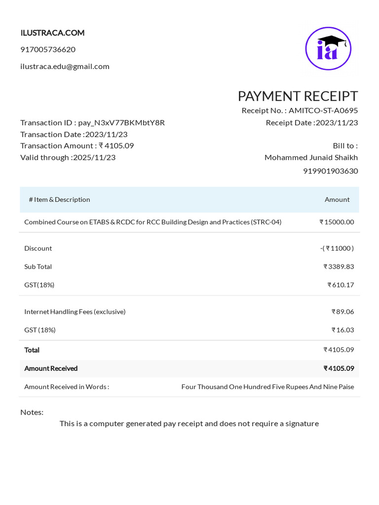 Payment Receipt for ETABS & RCDC Course | PDF