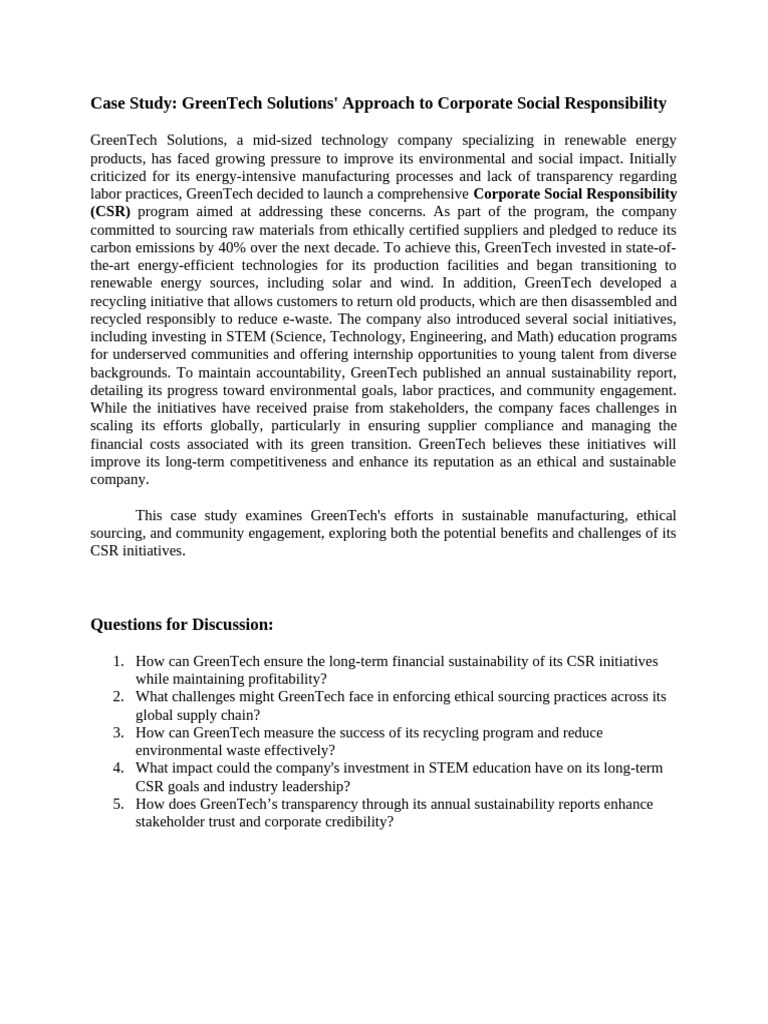 Case Study GreenTech Solutions Approach To Corporate Social ...