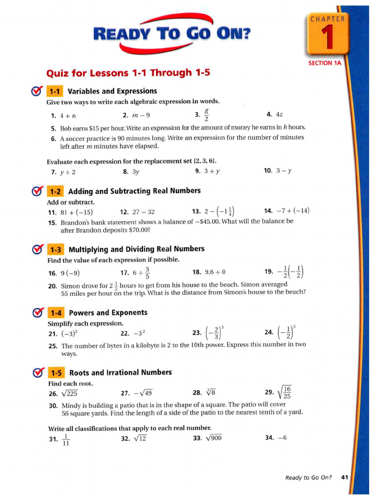 Algebra 1 CH 01 Quiz 1 | PDF