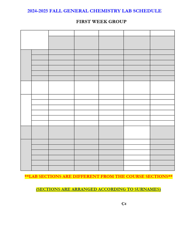 2024-2025 Fall Chemistry Lab Schedule | PDF
