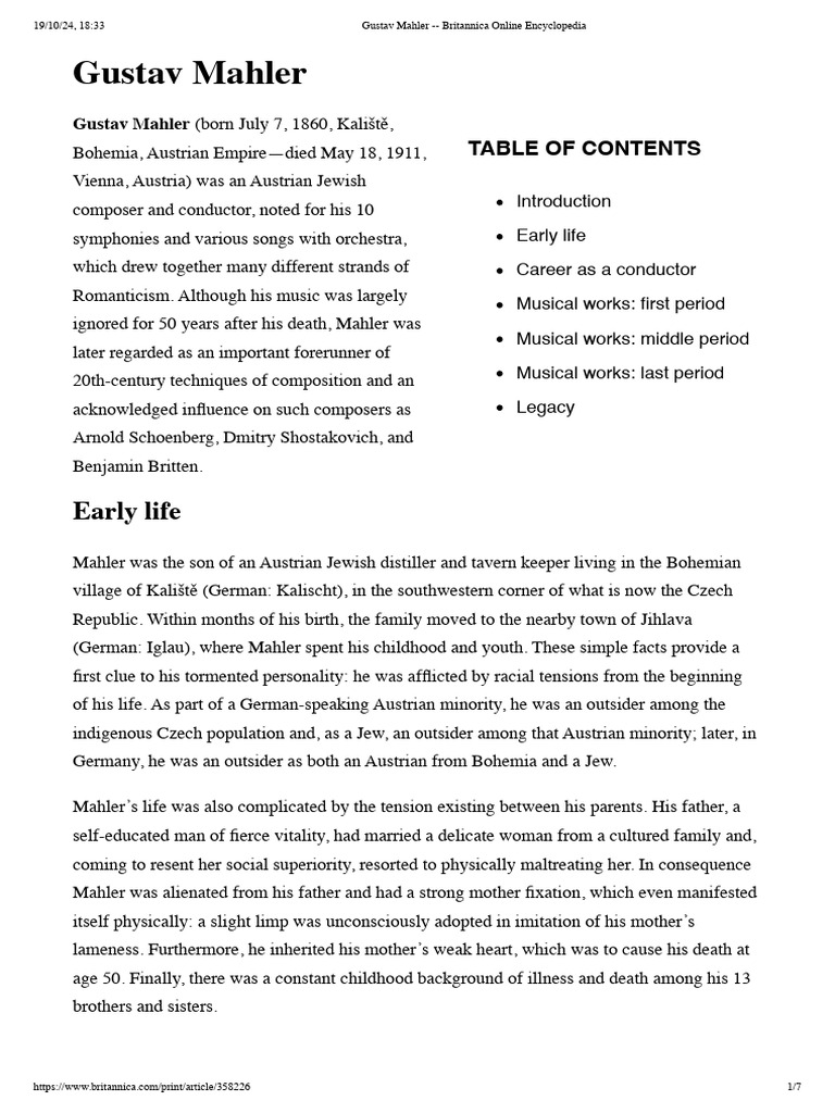 GUSTAV MAHLER EARLY LIFE intelligence overview