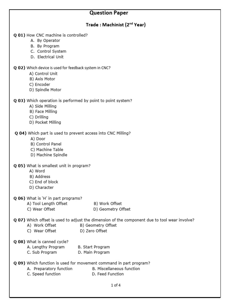 Machinist Trade Exam Question Paper | PDF | Gear | Machines