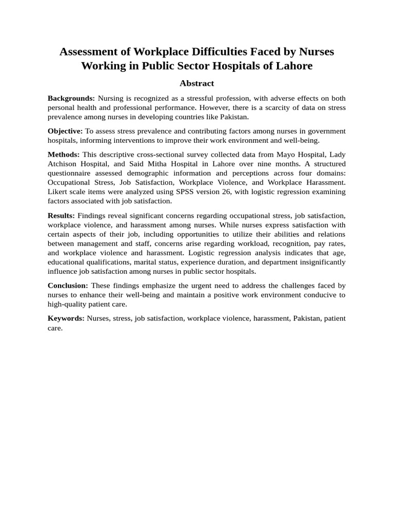 Workplace Stress Among Lahore Nurses | PDF | Nursing | Violence