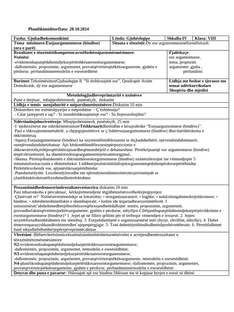 Ditari I Javes 8 Gjuhe Shqipe 8,9 28.10-1.11.2024 | PDF