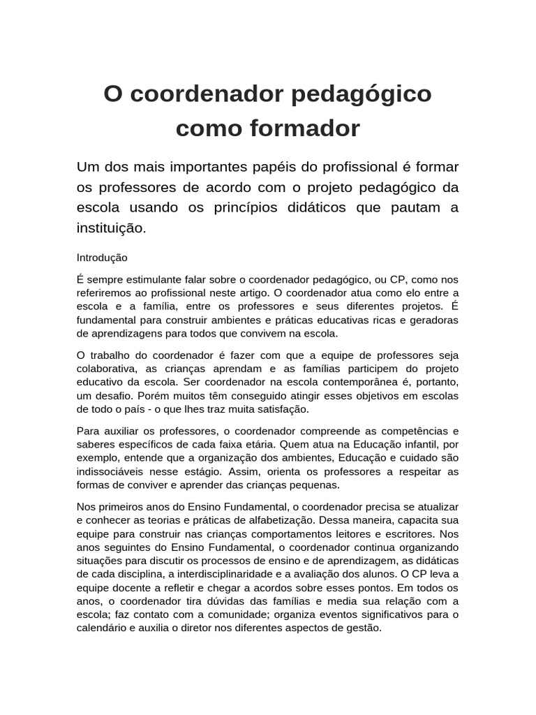 O Papel Formador do Coordenador Pedagógico | PDF | Pedagogia | Aprendizado