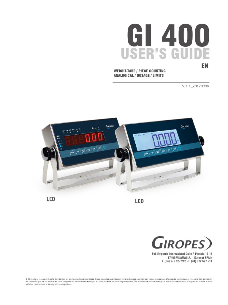 GI400 User Manual: Weight & Tare Functions | PDF | Menu (Computing ...
