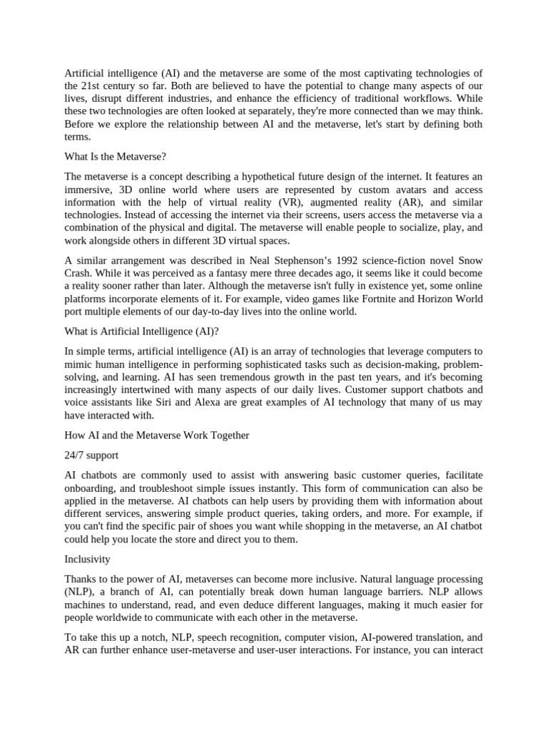AI's Role in the Metaverse | PDF | Virtual Reality | Augmented Reality