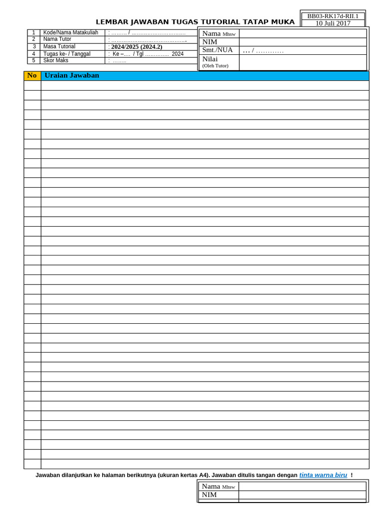 Format Lembar Jawaban Tugas Tutorial | PDF