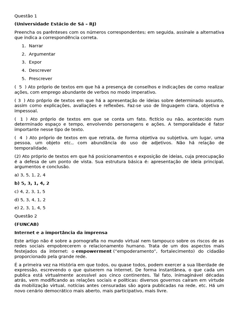 Exercícios sobre Tipologia Textual | PDF | Internet