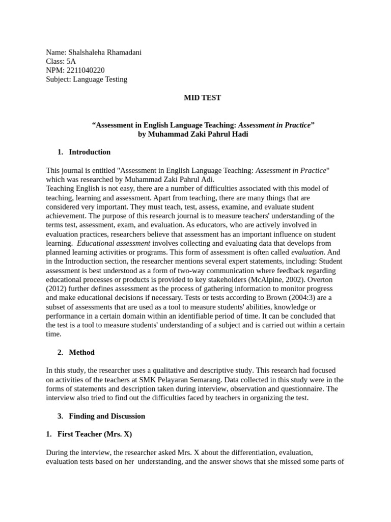 English Assessment for Teachers | PDF | Educational Assessment ...