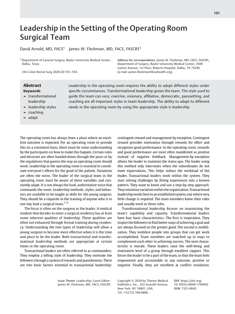 Leadership in The Setting of The Operating Room | PDF | Surgery ...