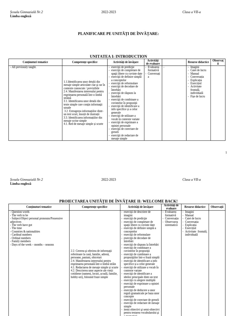 Planificare Unitati Invatare 7 | PDF