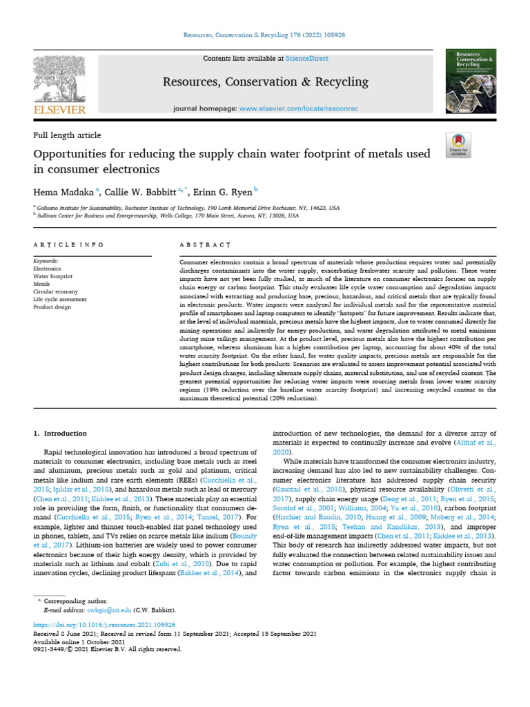 Opportunities For Reducing The Supply Chain Water Footprint of Metals ...