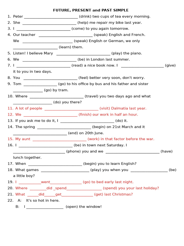 Present, Past, Future Simple Ex-Ces | PDF | Foreign Language Studies ...