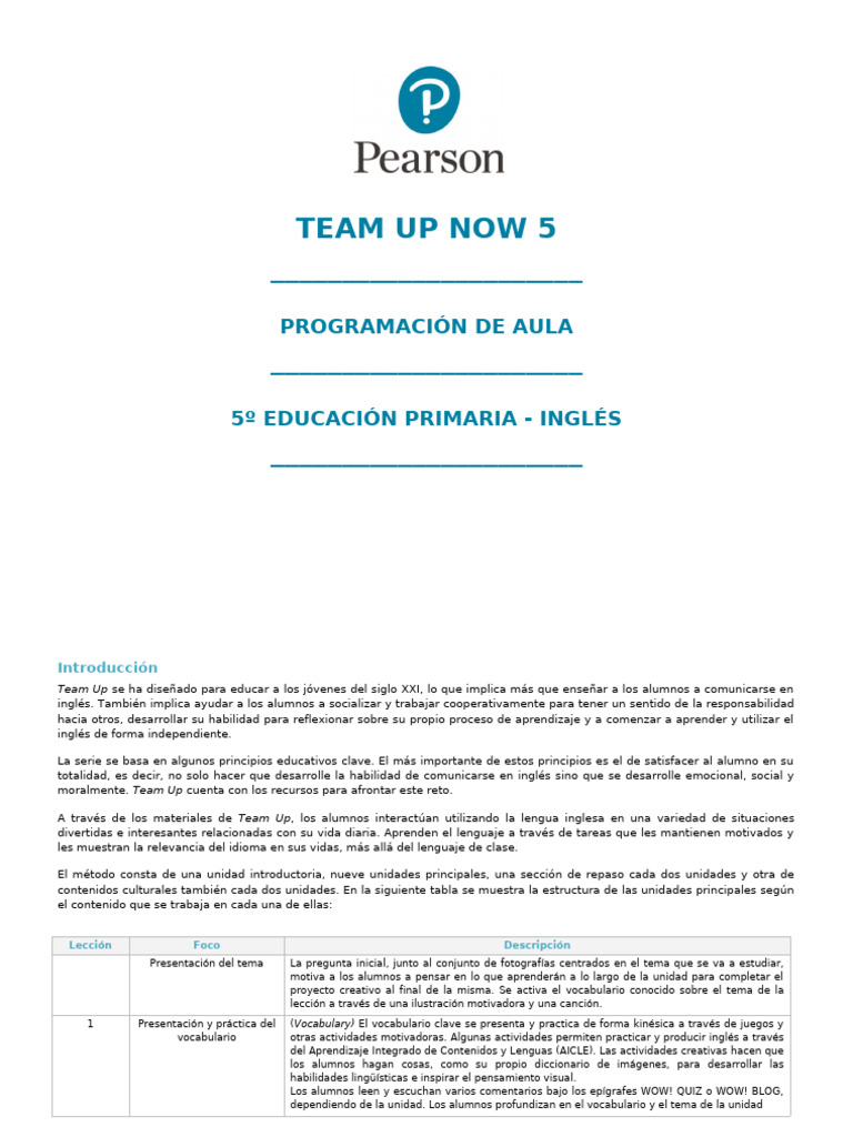 Programación de Aula: Team Up 5 Inglés | PDF | Lingüística ...