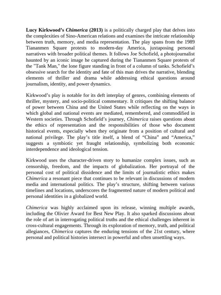 Lucy Kirkwood's Chimerica (2013) | PDF | Politics | Social Science