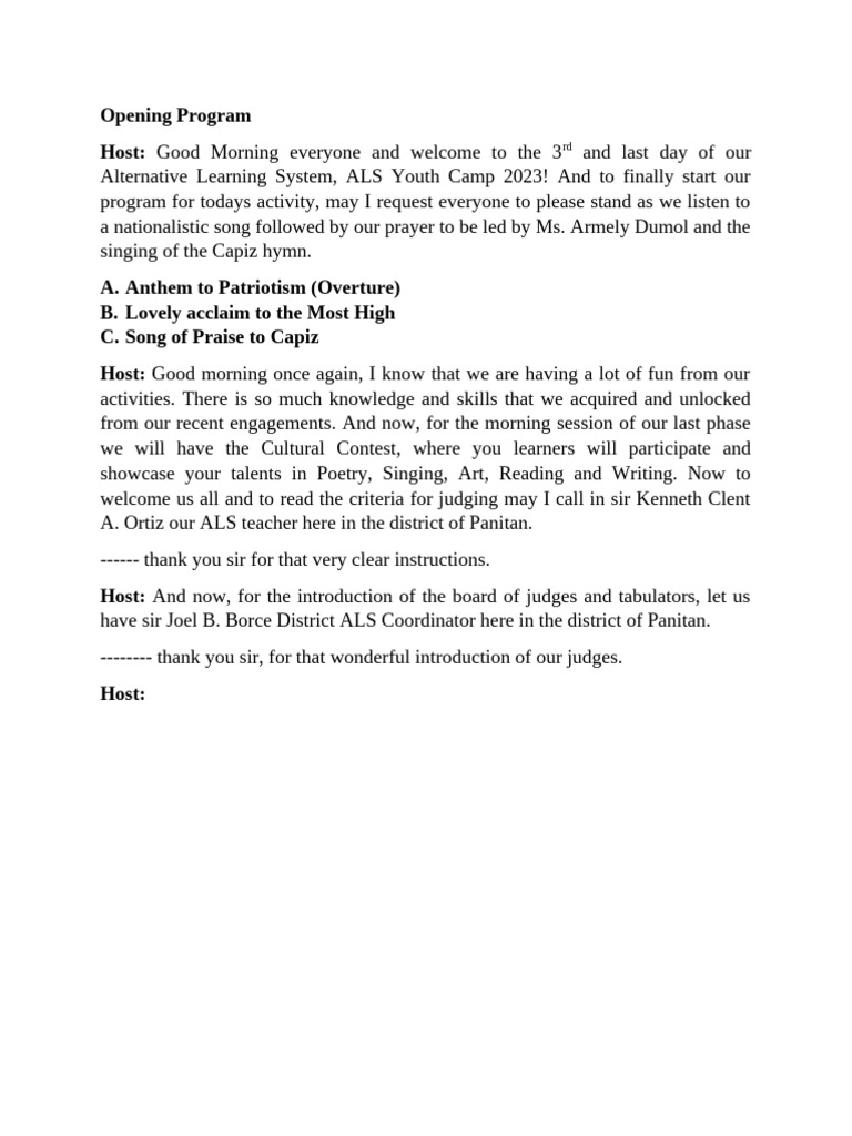 Cultural Contest Emcee Script | PDF