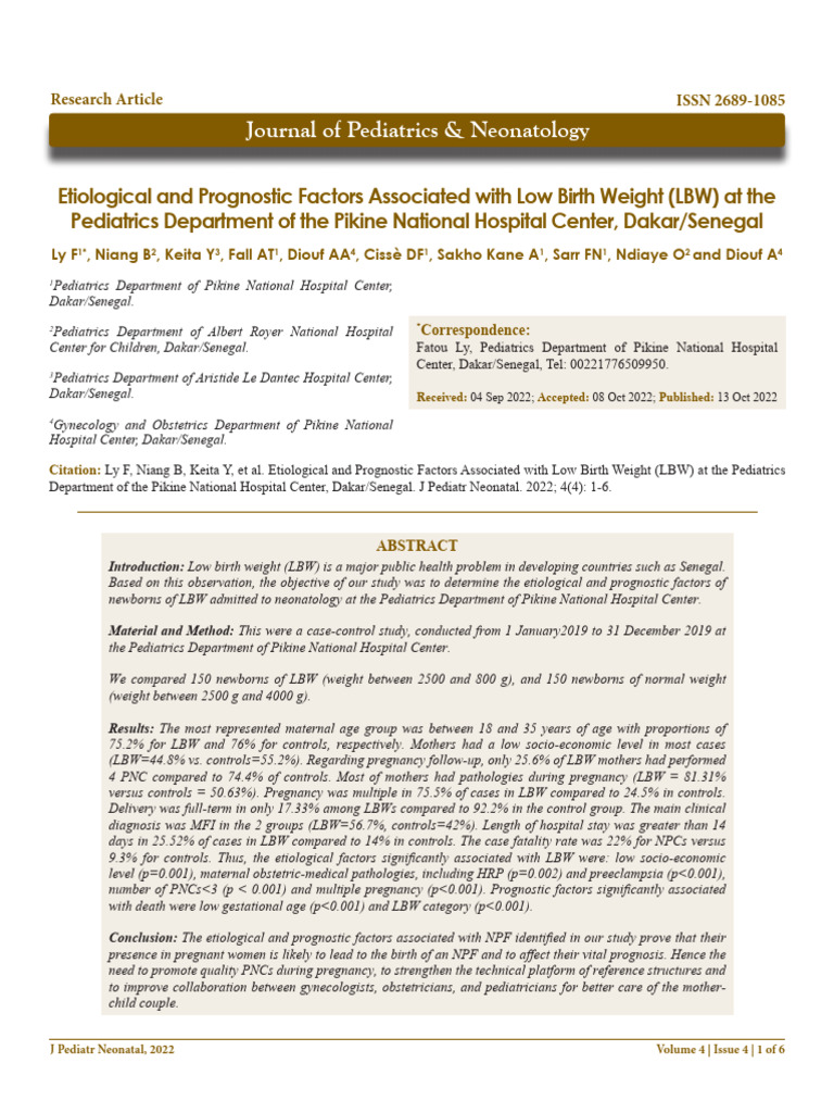 Low Birth Weight Factors in Dakar Study | PDF | Pregnancy | Prenatal ...