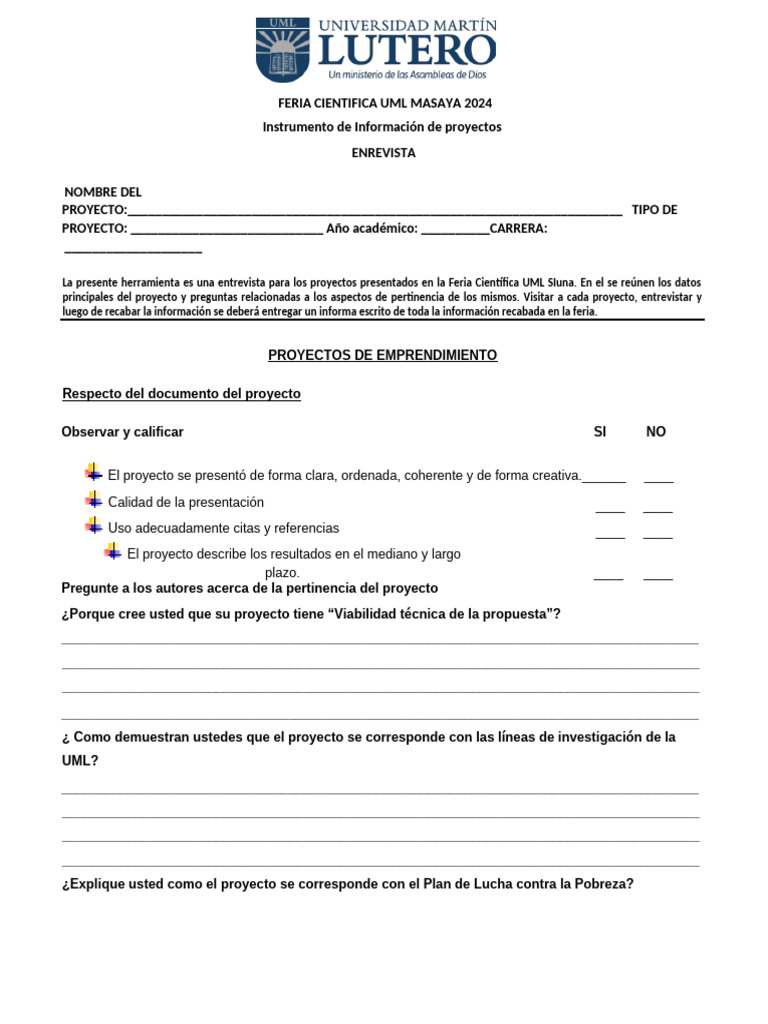 Entrevista para Proyectos de La Feria UML MASAYA 2024 | PDF | Science ...