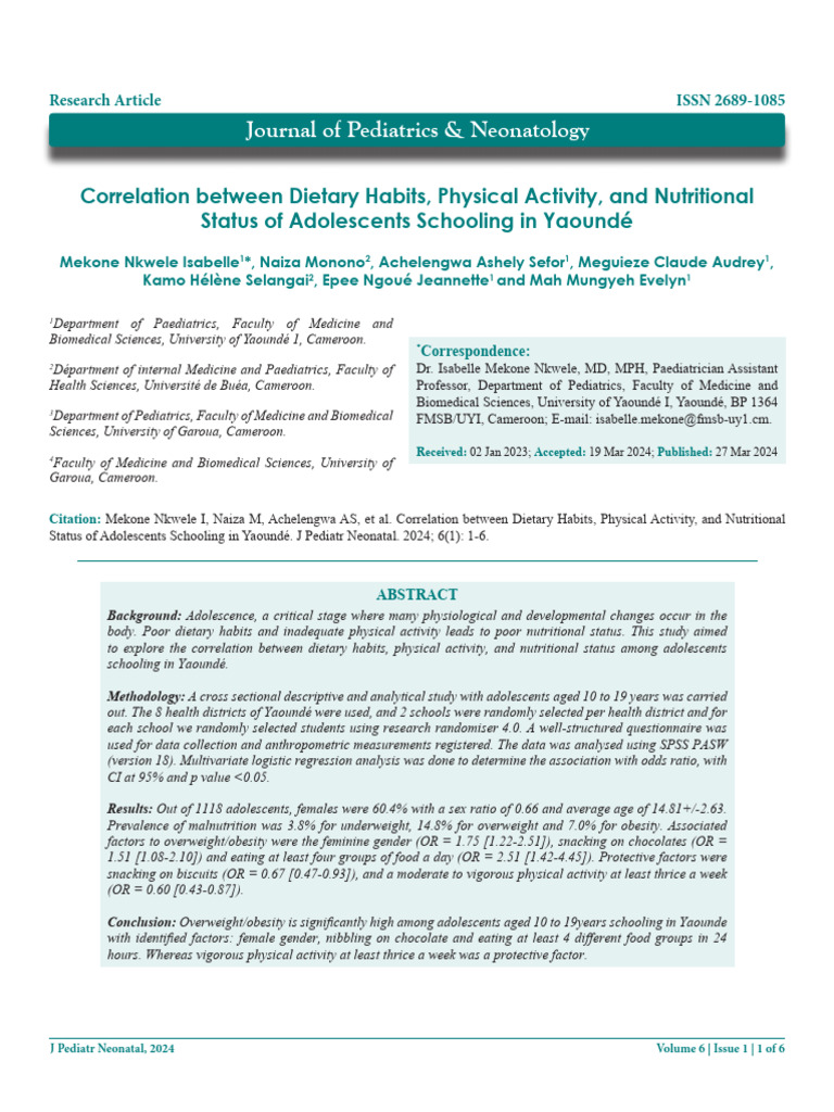Dietary Habits and Nutrition in Yaoundé Adolescents | PDF ...