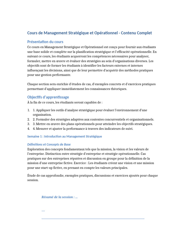 Cours Complet de Management Stratégique | PDF | Gestion stratégique ...