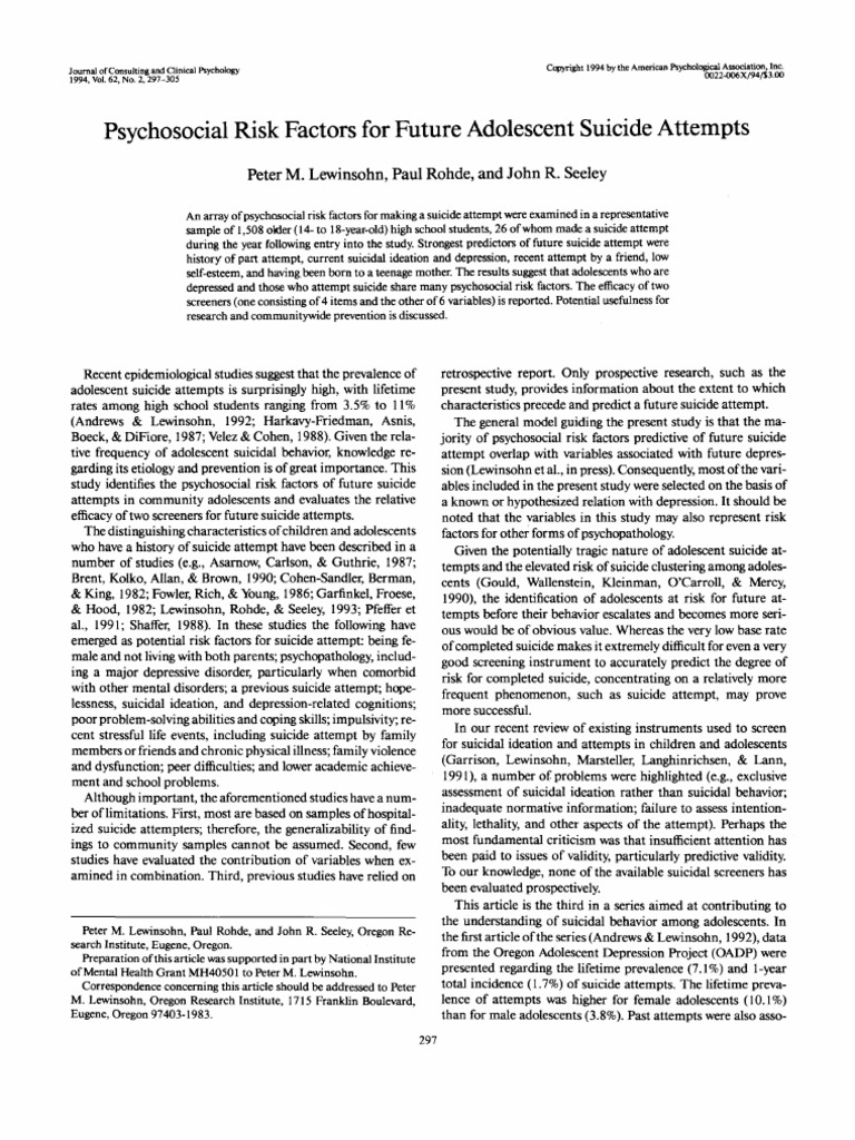 Psychosocial Risk Factors For Future Adolescent Suicide Attempts | PDF ...