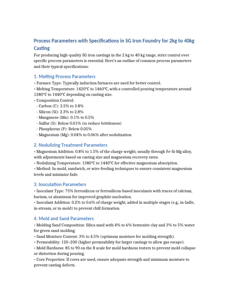 SG Iron Foundry Process Parameters | PDF | Magnesium | Foundry