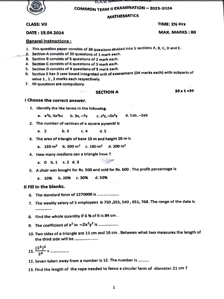 7th Term2 Maths Qp | PDF | Area | Mathematics