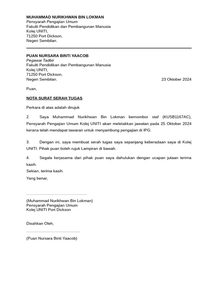 Surat Serah Tugas - Mkar 10 Januari 2024 | PDF