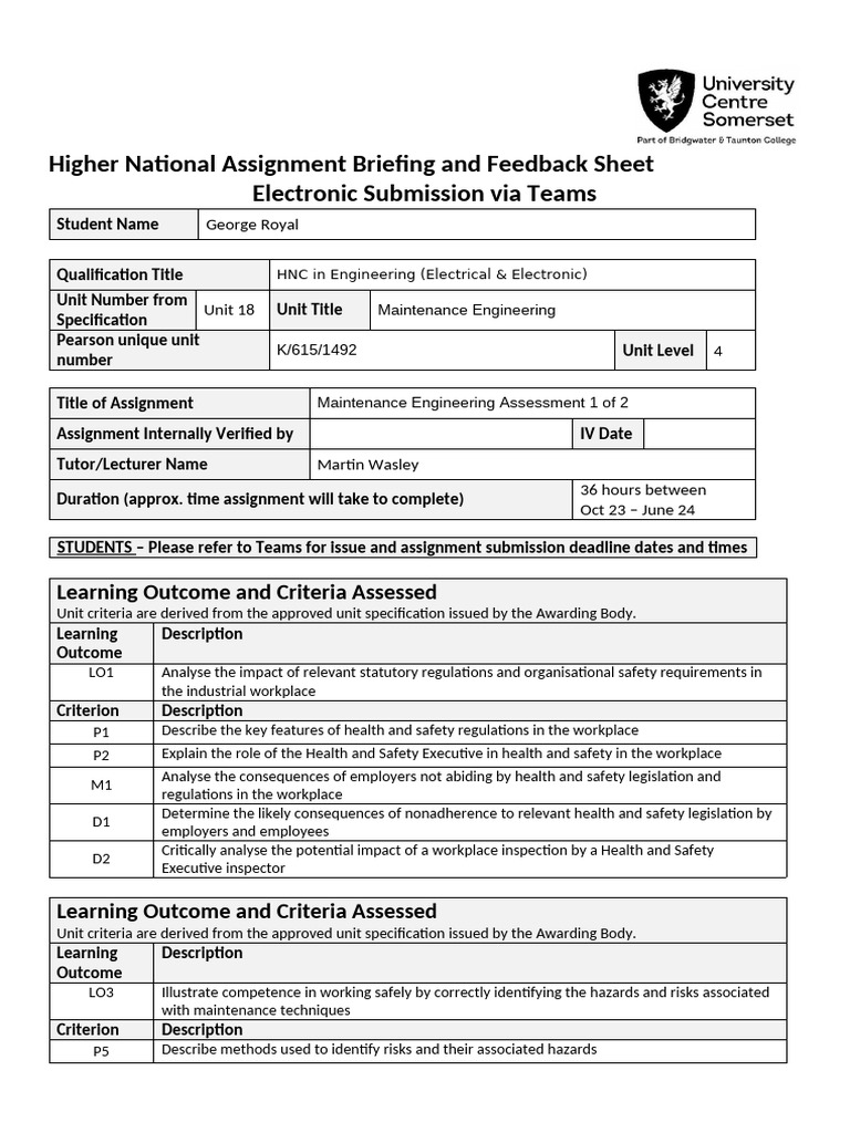 George Royal Unit 18 Maintenance Assg 1 | PDF | Occupational Safety And ...