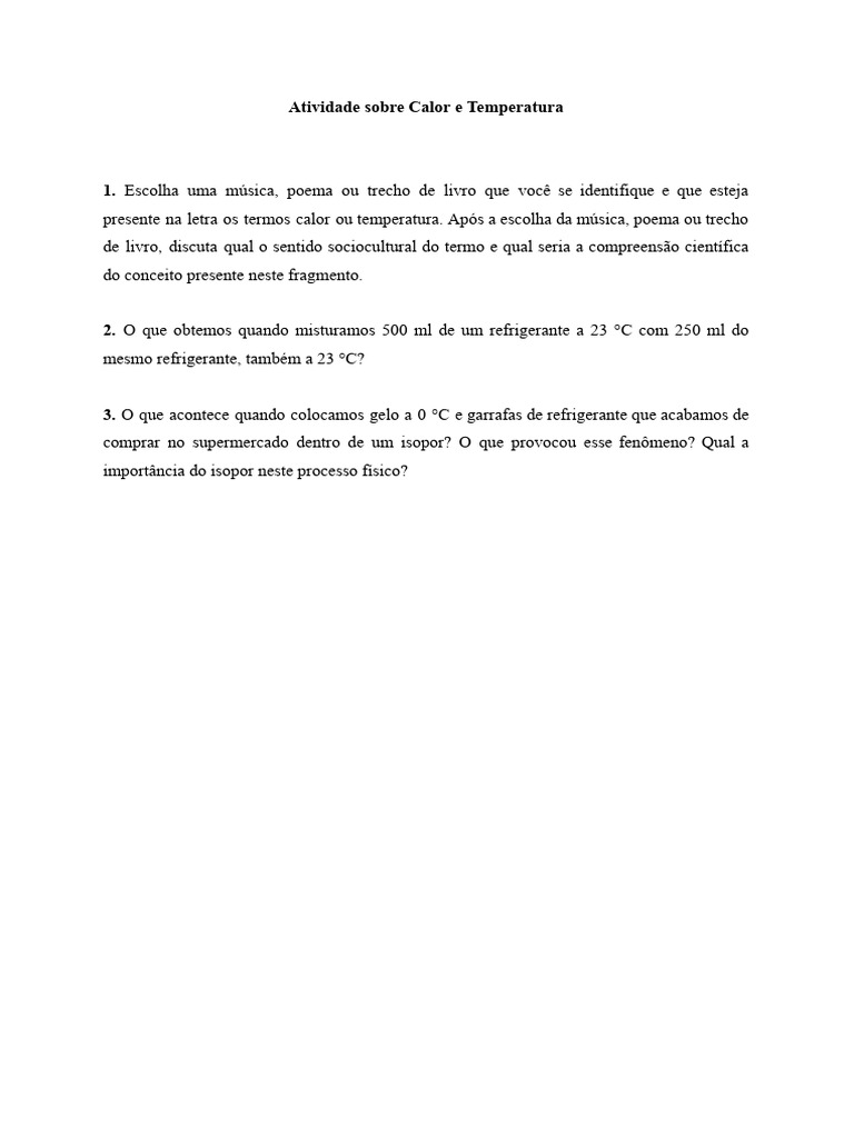 Atividade sobre Calor e Temperatura | PDF | Filosofia | Ciências e ...