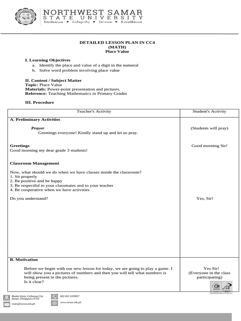 Grade 3 Place Value Lesson Plan | PDF | Lesson Plan | Teachers