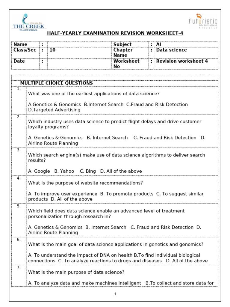 Data Science Revision Worksheet for Class 10 | PDF | Data Science ...