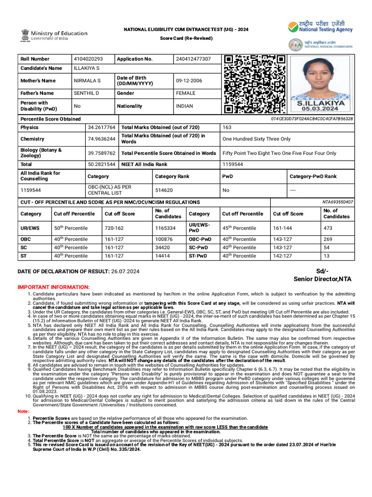 Neet - Ntaonline.in Frontend Web Re-Revised25july-Scorecard Score-Card ...