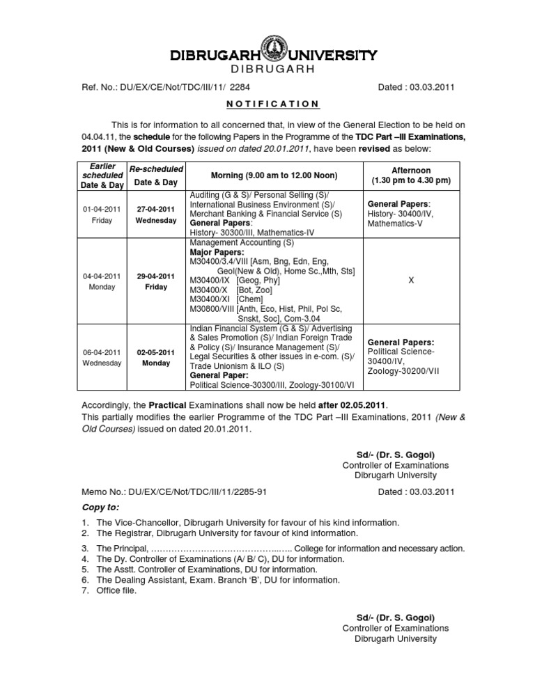 Dibrugarh Univ Exam Schedule Update | PDF | Social Science