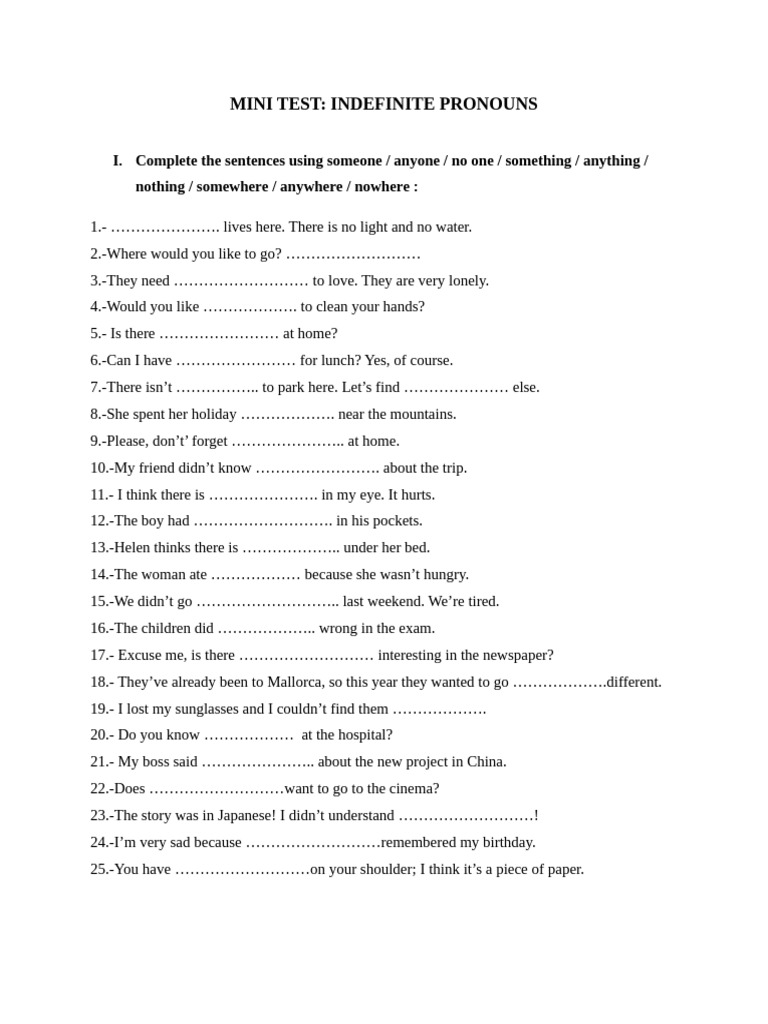Indefinite Pronouns Mini Test | PDF