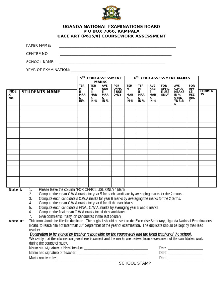 UACE Art Coursework Assessment Form | PDF