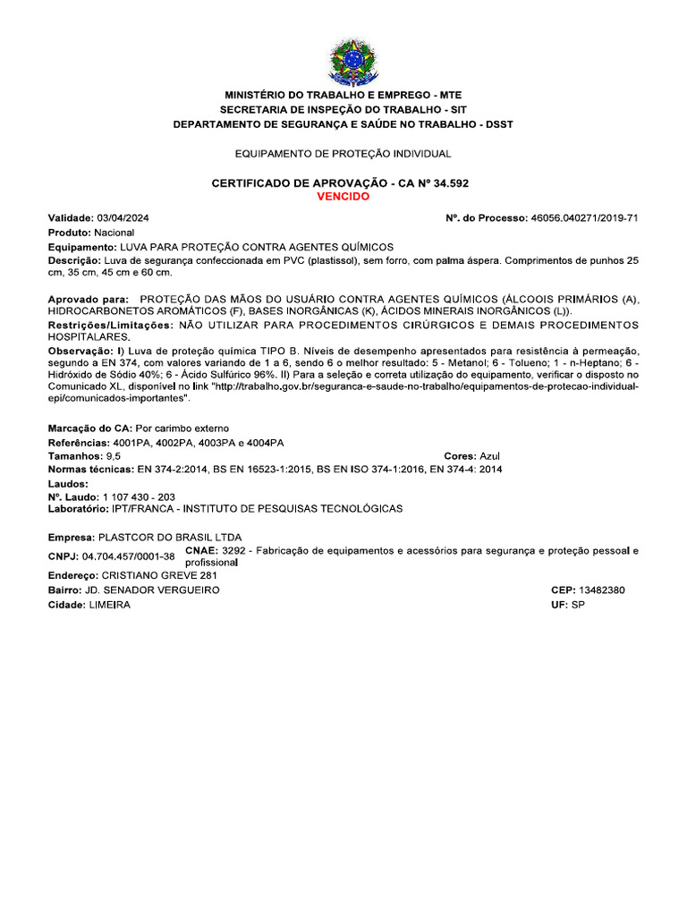 Certificado Aprovaçao Epis | PDF