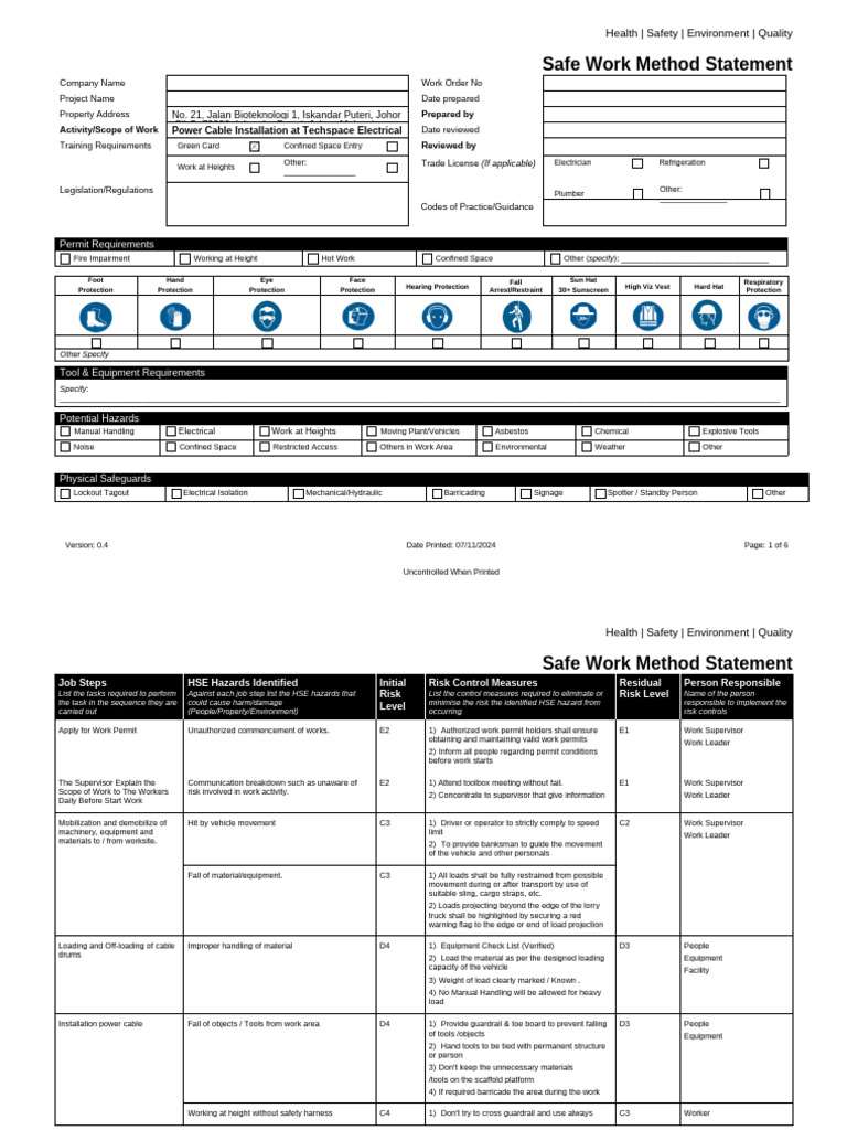 Safe Work Method Statement for Electricians | PDF | Risk | Safety
