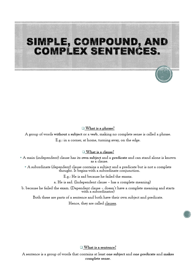 Simple, Compound, and Complex Sentences | PDF | Clause | Subject (Grammar)