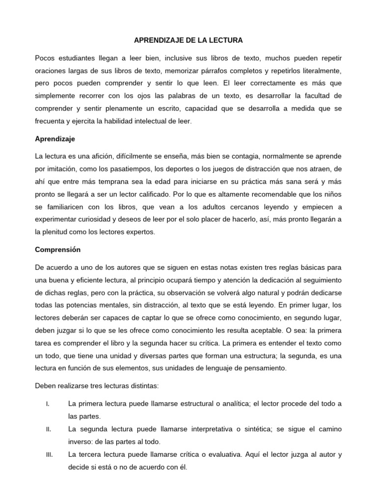 Aprendizaje de La Lectura | PDF | Aprendizaje | Pensamiento